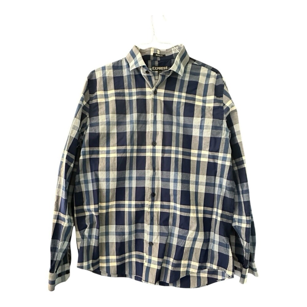 Express Shirt Mens XL Xtra Lg. Button Up Long Sleeve Modern Fit Blue Plaid‎ EUC